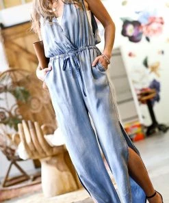 42POPS | Light Denim Side-Slit Tie-Waist Sleeveless Pocket Surplice Jumpsuit - Women