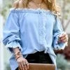 42POPS | Light Denim Raw-Hem Off-Shoulder Top - Women