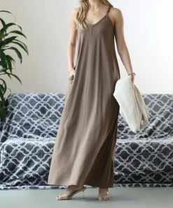 42POPS | Mocha V-Neck Cami Pocket Maxi Dress - Women