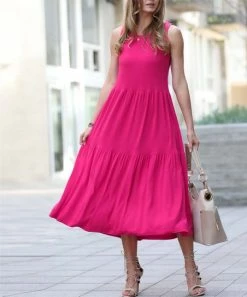 42POPS | Fuchsia Round-Neck Sleeveless Tiered Midi Dress - Women