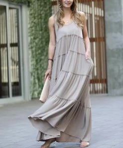 42POPS | Ash Mocha V-Neck Sleeveless Tiered Pocket Maxi Dress - Women