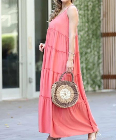 42POPS | Coral Pink V-Neck Sleeveless Tiered Pocket Maxi Dress - Women