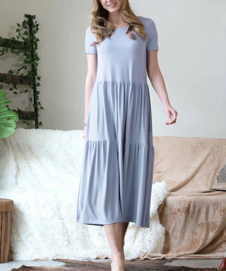 42POPS | Ash Blue Round-Neck Short-Sleeve Tiered Midi Dress - Women