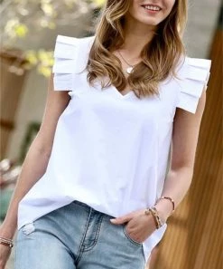 42POPS | White V-Neck Pleated-Sleeve Top - Women
