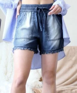 42POPS | Dark Blue Chambray Tie-Waist Frayed-Hem Pocket Shorts - Women