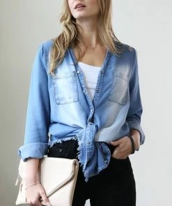 42POPS | Medium Blue Chambray Frayed-Hem Button-Up - Women