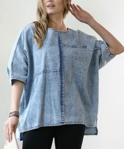 42POPS | Medium Blue Chambray Oversize Short-Sleeve Hi-Low Top - Women