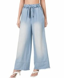 42POPS | Light Blue Chambray Paper-Bag Wide-Leg Pocket Pants - Plus