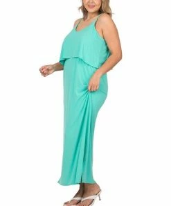 42POPS | Mint Ribbed V-Neck Sleeveless Popover Side-Slit Maxi Dress - Plus