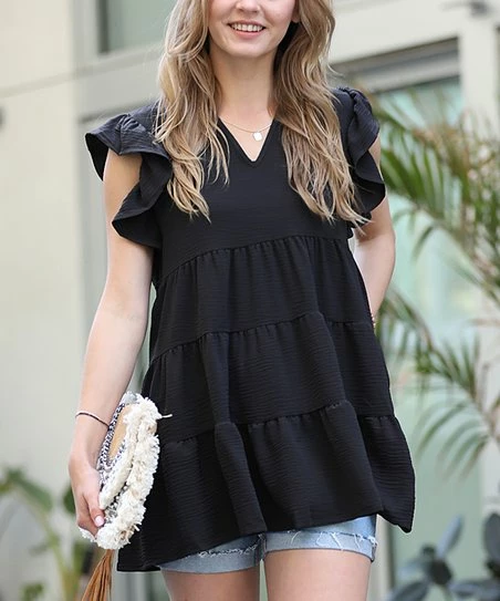 42POPS | Black Tiered V-Neck Flutter-Sleeve Top - Women