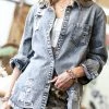 42POPS | Gray Denim Distressed Pocket Button-Down Top - Women