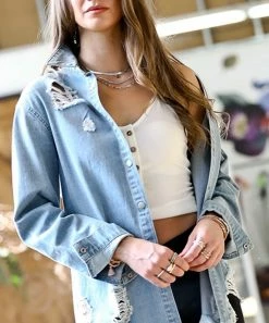 42POPS | Light Denim Distressed Pocket Button-Down Top - Women