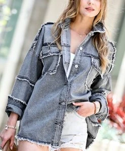 42POPS | Gray Denim Fringe-Hem Jacket - Women