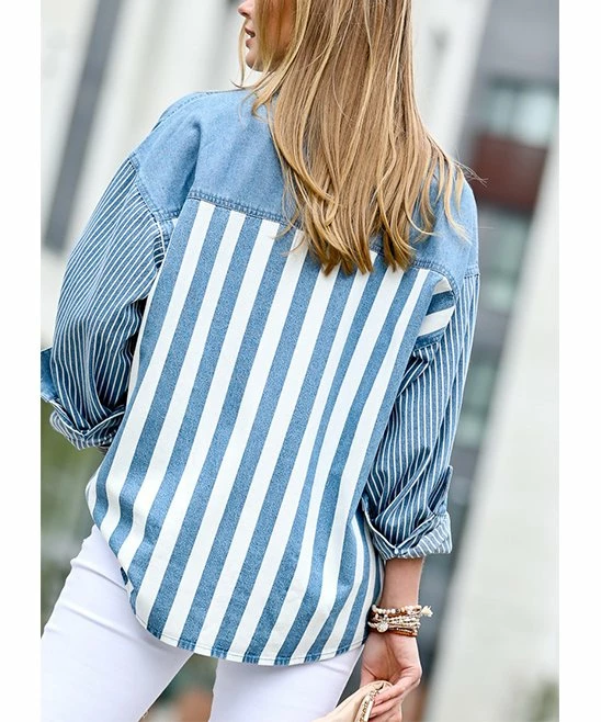 42POPS | Light Denim Stripe Button-Down Shacket - Women - Image 2