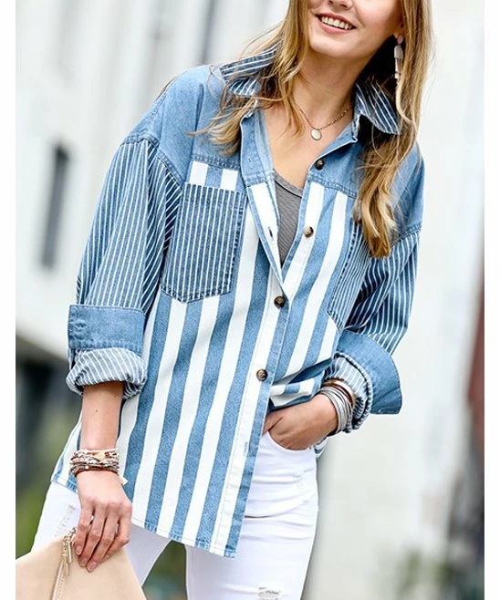 42POPS | Light Denim Stripe Button-Down Shacket - Women - Image 3