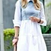 42POPS | Light Denim & White Contrast Long-Sleeve Collared Dress - Women