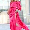 42POPS | Fuchsia Side-Slit Ruffle-Sleeve Off-Shoulder Maxi Dress - Women