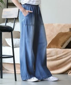 42POPS | Dark Chambray Drawstring Pocket Wide-Leg Pants - Women