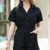 42POPS | Black Button-Front Short-Sleeve Pocket Romper - Women