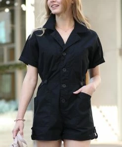 42POPS | Black Button-Front Short-Sleeve Pocket Romper - Women