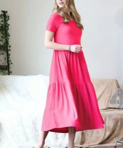 42POPS | Fuchsia Tiered Short-Sleeve Midi Dress - Women