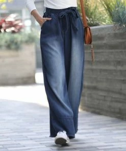 42POPS | Midnight Chambray Tie-Belt Pocket Wide-Leg Paper Bag Jeans - Women