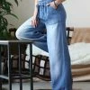 42POPS | Medium Chambray Frayed-Hem Pocket Wide-Leg Paper Bag Jeans - Women
