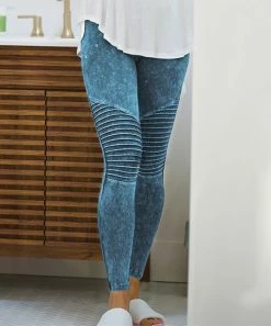 42POPS | Deep Aqua Mineral-Wash Wide-Waistband Moto Leggings - Women