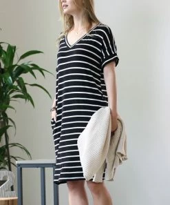 42POPS | Black & Ivory Stripe V-Neck Short-Sleeve Pocket Dress - Women