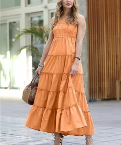 42POPS | Butter Orange Smocked-Bodice Tiered Cami Maxi Dress - Women