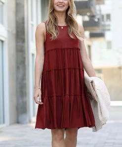 42POPS | Dark Rust Tiered Ruffle-Trim Scoop Neck Sleeveless Dress - Women
