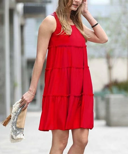 42POPS | Burgundy Tiered Ruffle-Trim Scoop Neck Sleeveless Dress - Women