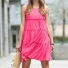 42POPS | Hot Pink Tiered Ruffle-Trim Scoop Neck Sleeveless Dress - Women
