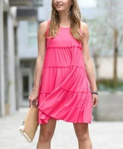 42POPS | Hot Pink Tiered Ruffle-Trim Scoop Neck Sleeveless Dress - Women