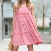 42POPS | Bright Pink Tiered Ruffle-Trim Scoop Neck Sleeveless Dress - Women
