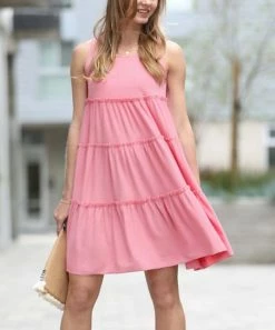 42POPS | Bright Pink Tiered Ruffle-Trim Scoop Neck Sleeveless Dress - Women