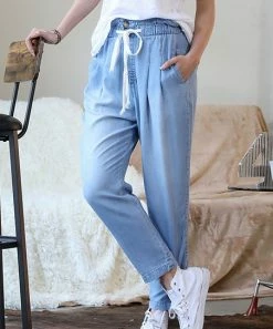 42POPS | Sky Chambray Drawstring-Waist Pocket Paper Bag Pants - Women