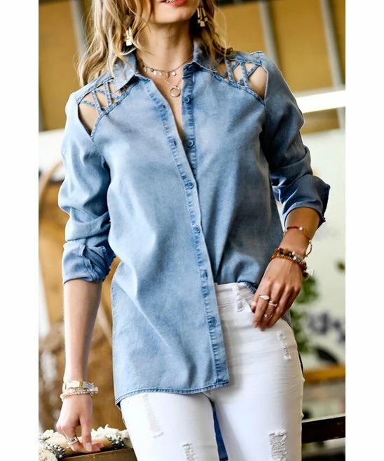 42POPS | Denim Blue Washed-Out Crisscross-Strap Cutout-Shoulder Button-Up - Women - Image 2