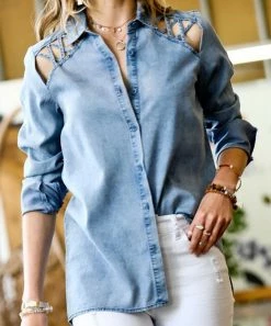 42POPS | Denim Blue Washed-Out Crisscross-Strap Cutout-Shoulder Button-Up - Women