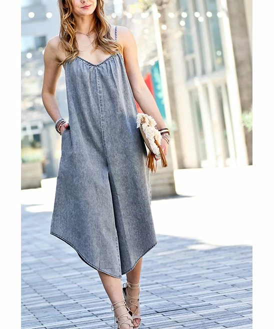 42POPS | Denim Gray V-Neck Sleeveless Wide-Leg Crop Pocket Jumpsuit - Women - Image 2