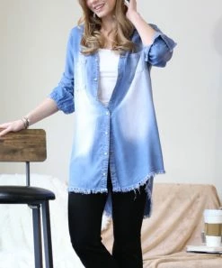 42POPS | Medium Blue Faded Distressed Hi-Low Button-Up - Women