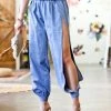 42POPS | Denim Blue Washed-Out Elastic-Waist Deep Side-Slit Joggers - Women