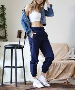 42POPS | Navy Drawstring-Waist Pocket Windbreaker Sweatpants - Women