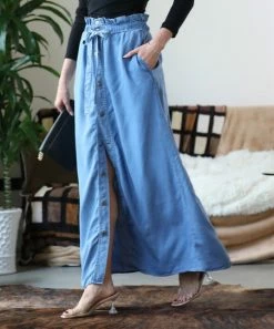 42POPS | Medium Blue Button-Up Pocket Paper-Bag Maxi Skirt - Women
