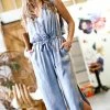 42POPS | Light Denim Blue Sleeveless Drawstring-Waist Slit-Leg Pocket Jumpsuit - Women