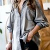42POPS | Denim Gray Washed-Out Grommet Cutout-Shoulder Pocket Button-Up - Women