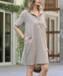 42POPS | Ash Mocha Button-Front Short-Sleeve Pocket Shirt Dress - Women