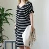 42POPS | Black & Ivory Stripe V-Neck Cuffed-Sleeve Pocket Shift Dress - Women