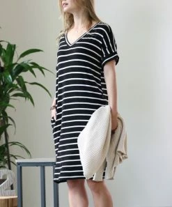 42POPS | Black & Ivory Stripe V-Neck Cuffed-Sleeve Pocket Shift Dress - Women