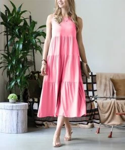 42POPS | Bright Pink Scoop-Neck Sleeveless Tiered Midi Dress - Women